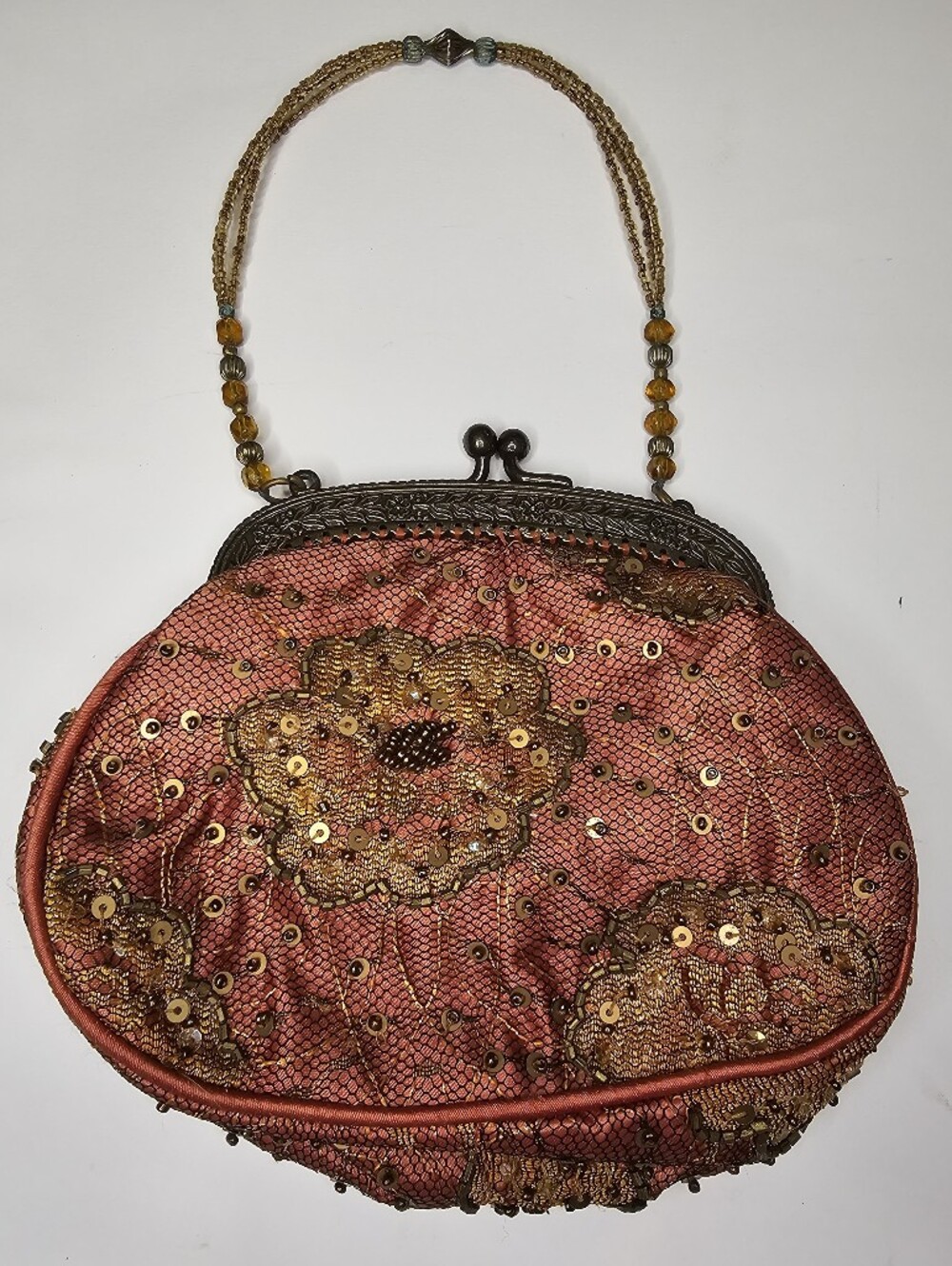Vintage Christiana Hand Beaded Silk Evening Bag Rose Pink Mauve Floral Mini Bag